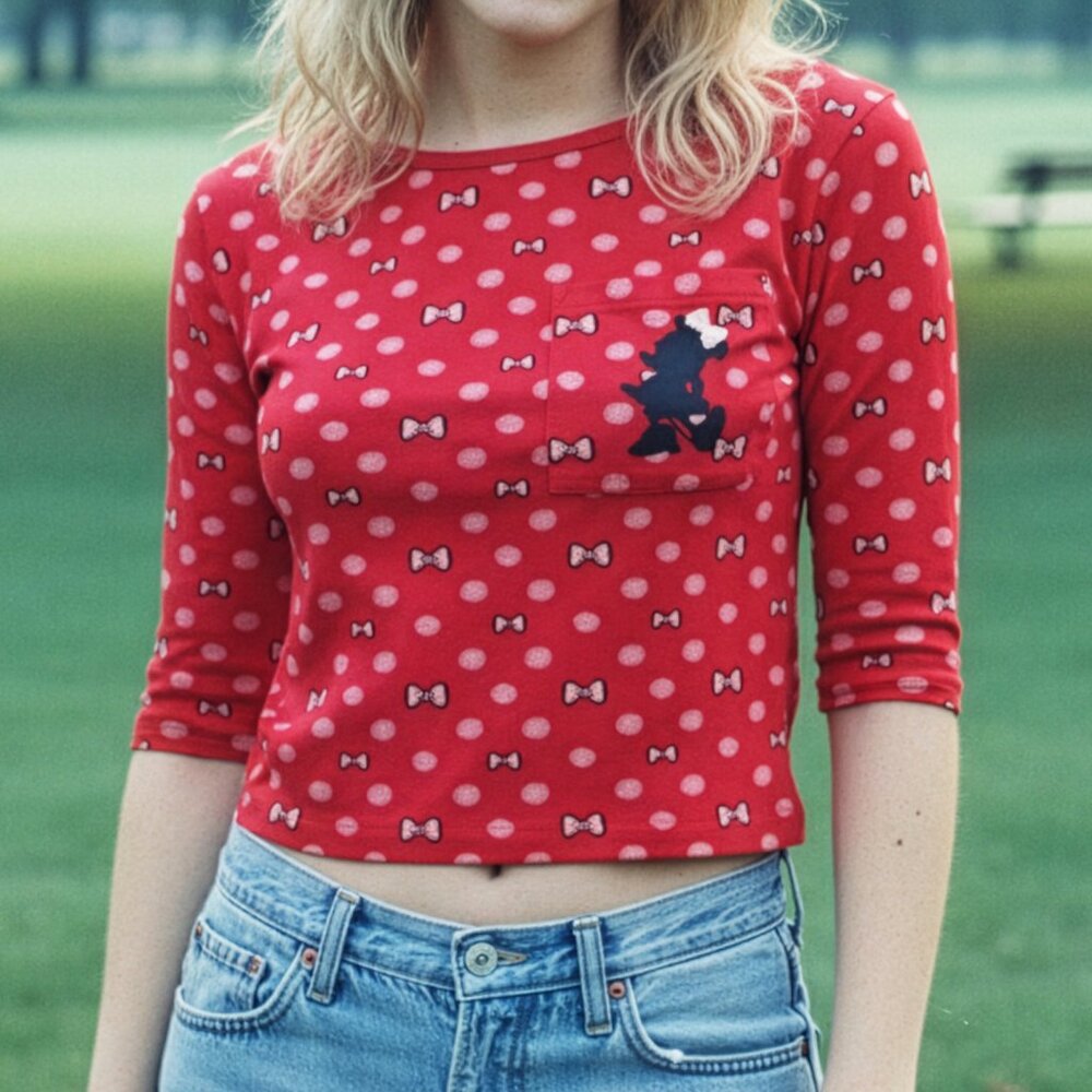 Y2K Disney Parks Minnie Mouse Red Polka Dot Bow Print Pocket T-Shirt Tee Top XS